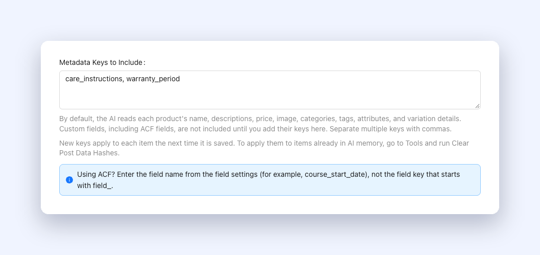 StoreAgent Metadata Keys to Include field with two custom field keys and the ACF tip