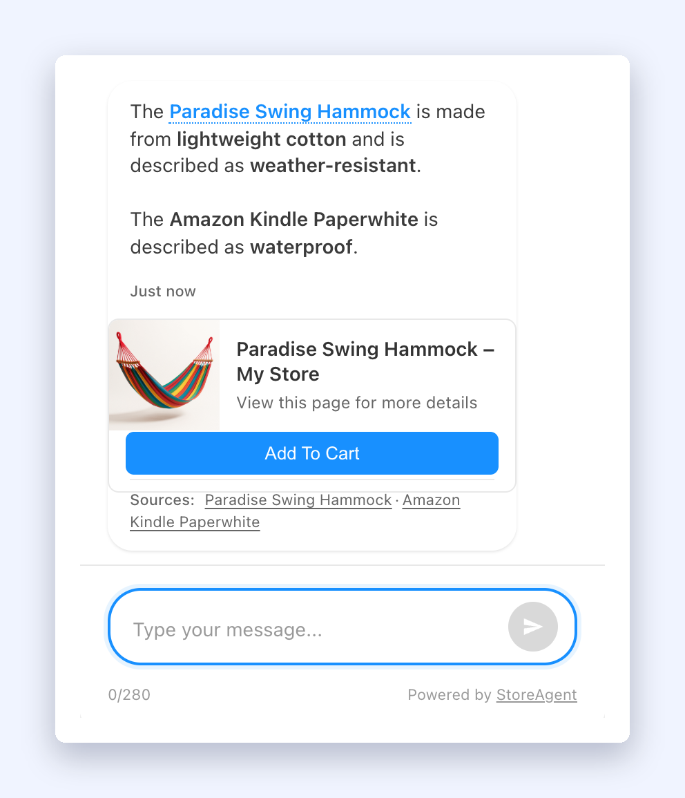 StoreAgent chat widget reply with a Sources line underneath linking to two store product pages