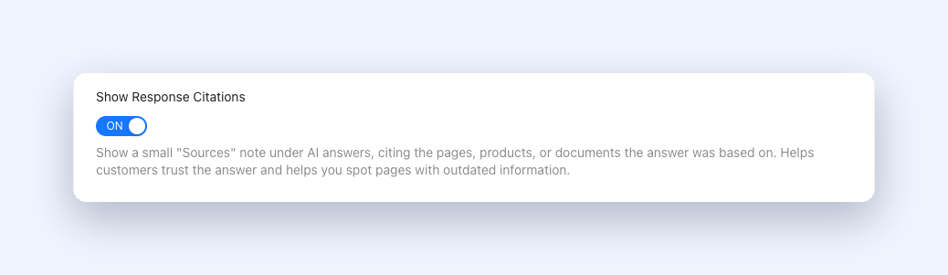 Show Response Citations switch set to ON on the AI Chat General settings tab, with its description