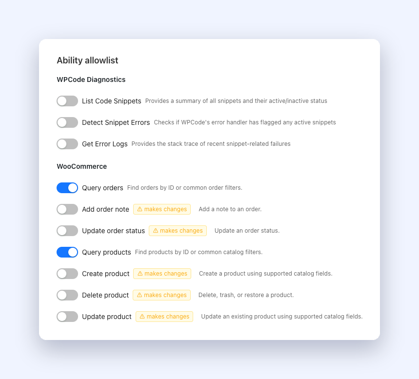 StoreAgent MCP ability allowlist with WooCommerce and third-party abilities grouped by plugin, each with its own switch and a makes changes badge
