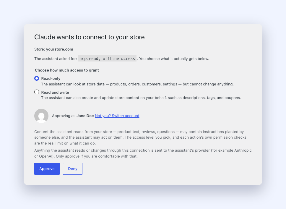 StoreAgent MCP approval screen in WordPress admin asking the store owner to choose read-only or read and write access for Claude