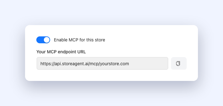 StoreAgent MCP settings showing the Enable MCP for this store toggle and the store's MCP endpoint URL