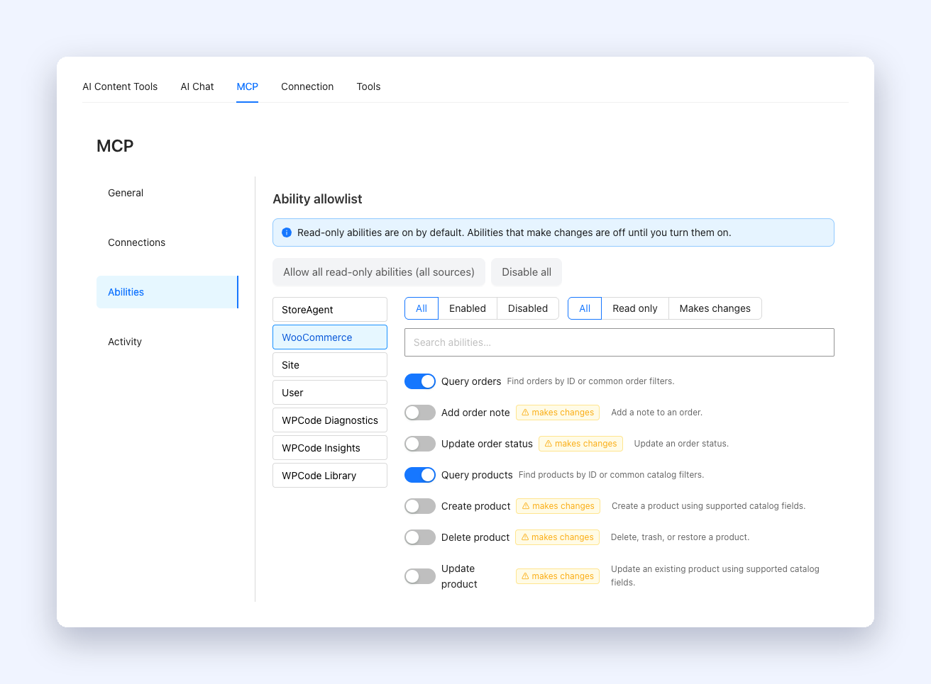 9-mcp-ability-browser – StoreAgent StoreAgent MCP ability browser with the source list, filters and per-ability switches