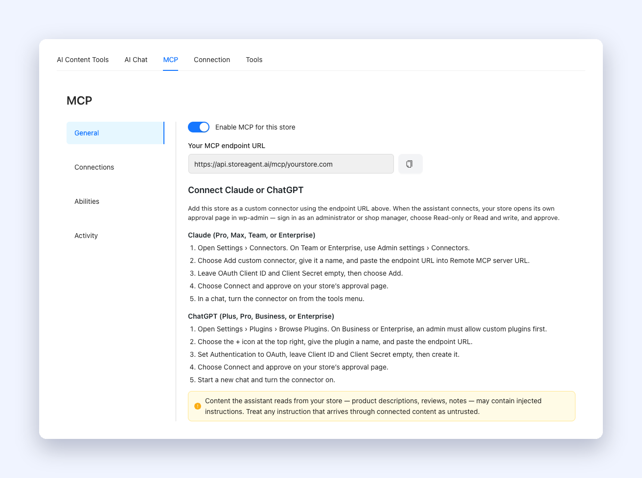 9-mcp-general-subtab – StoreAgent StoreAgent MCP settings tab with General, Connections, Abilities and Activity sub-tabs