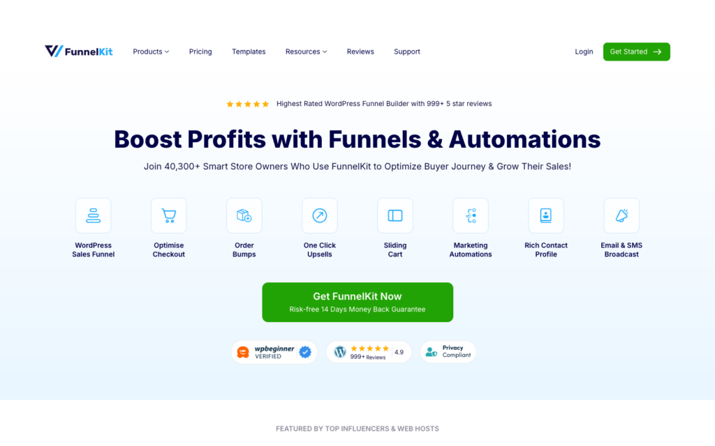 funnelkit-homepage-storeagent – StoreAgent FunnelKit homepage hero showing WordPress sales funnel, optimized checkout, order bumps, one-click upsells, and sliding cart features.