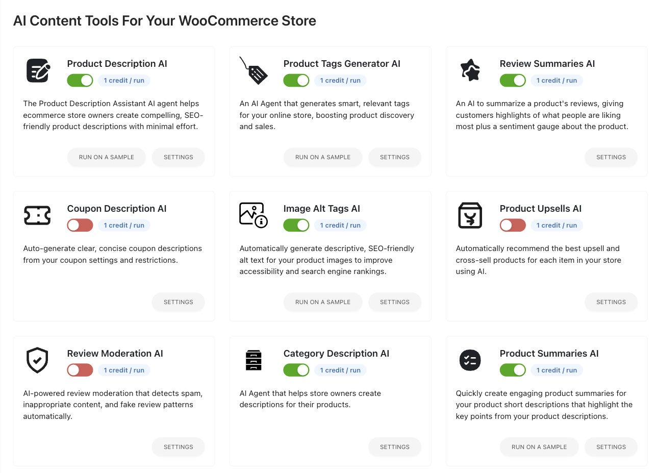 StoreAgent AI content agents – StoreAgent StoreAgent AI Content Tools in wp-admin: nine content agents with on/off toggles and a 1 credit per run badge