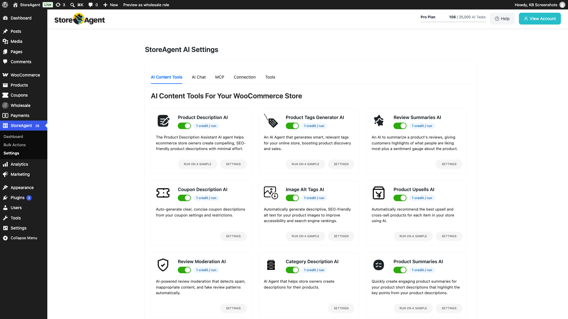 storeagent-ai-content-tools-cost-chip-run-on-sample – StoreAgent StoreAgent Settings, AI Content Tools tab, with the Product Summaries AI card and its switch turned on