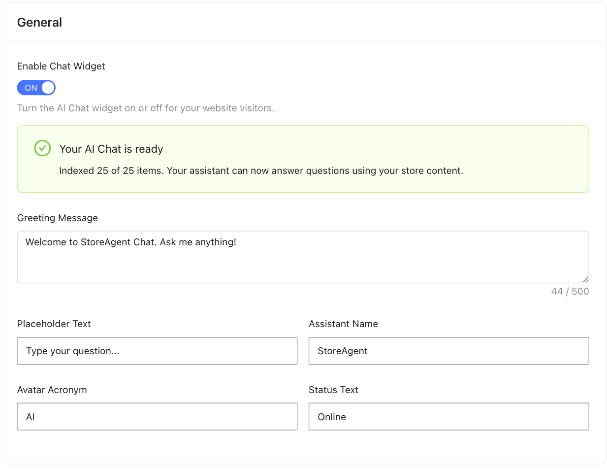 StoreAgent AI Memory indexed status – StoreAgent StoreAgent AI Chat settings showing the AI Memory status: indexed 25 of 25 items, assistant ready