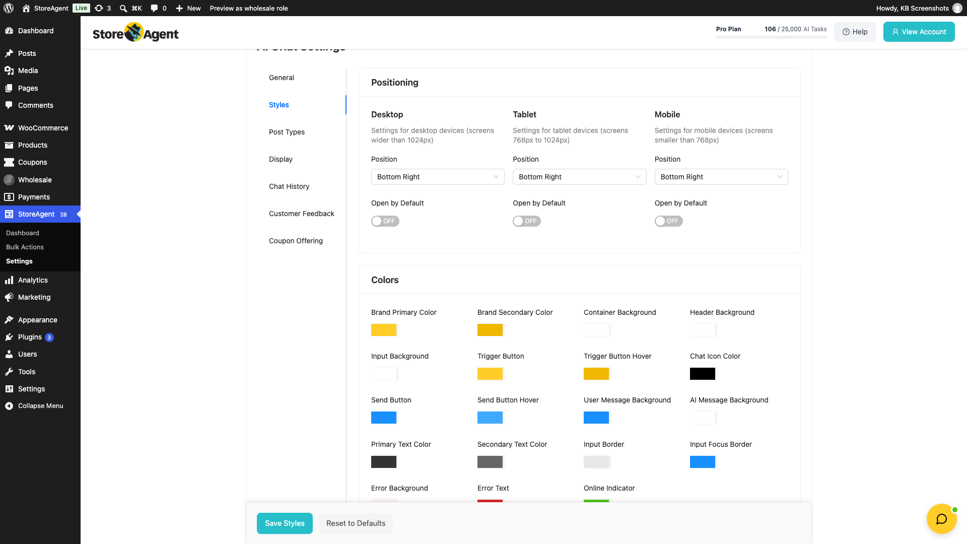 storeagent-chat-styles-tab-positioning – StoreAgent StoreAgent → Settings → AI Chat → Styles tab showing the Desktop, Tablet, and Mobile Position dropdowns and the Colors section