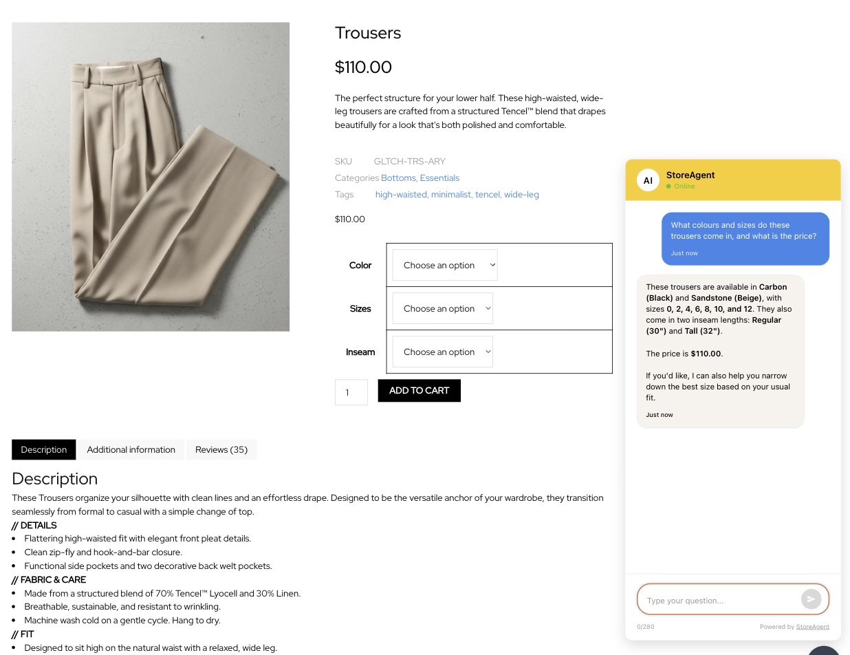 StoreAgent chat widget on a variable product – StoreAgent StoreAgent chat widget on a WooCommerce variable product page listing colours, sizes, inseam lengths and the live price