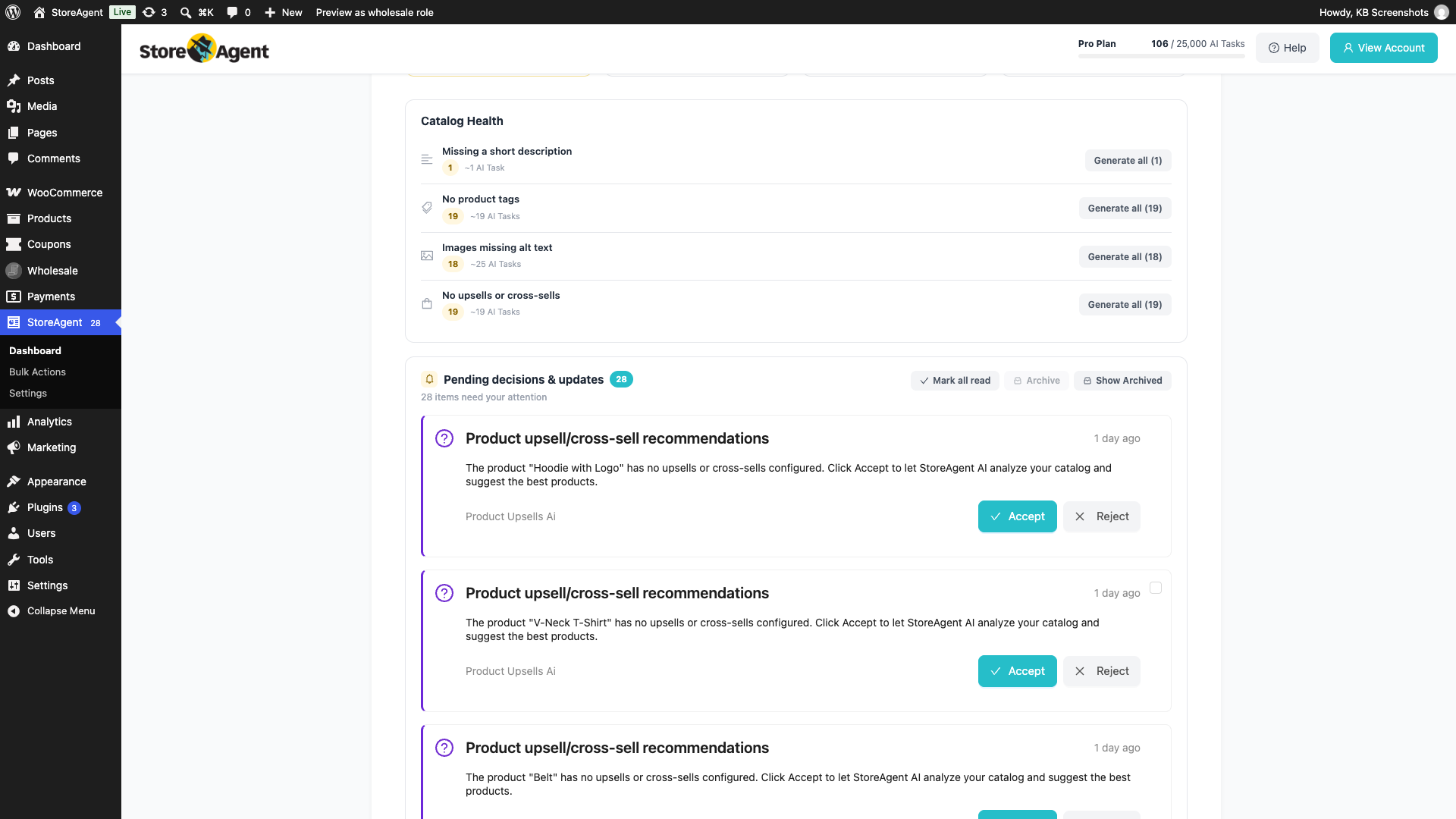 storeagent-dashboard-catalog-health-card – StoreAgent StoreAgent dashboard Catalog Health card with two or three gap rows, each showing a product count, the "~N AI Tasks" estimate, and a Generate all (N) button