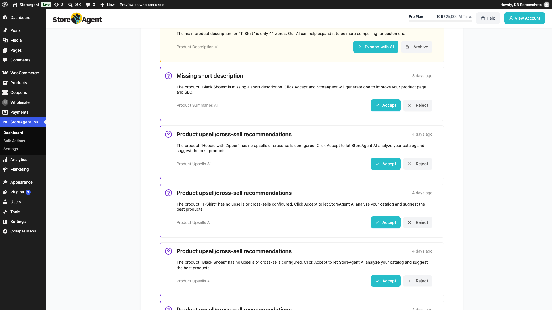 storeagent-dashboard-missing-short-description-notification – StoreAgent StoreAgent dashboard, Pending decisions & updates section, showing a "Missing short description" notification with Accept and Reject buttons