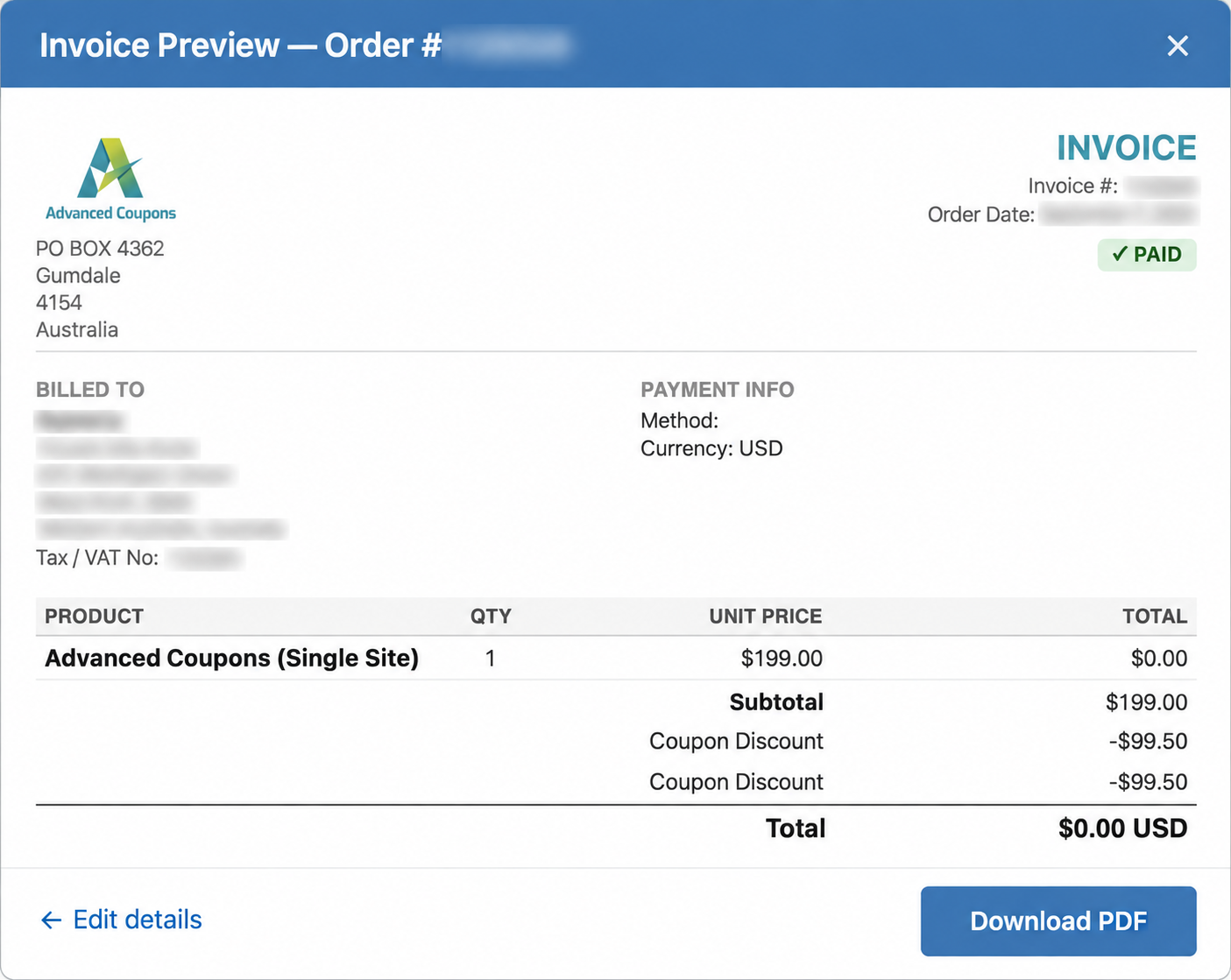 storeagent-invoice-preview-tax-vat-number – StoreAgent Invoice Preview showing Tax / VAT No under Billed To, Edit details and Download PDF, with personal details blurred.