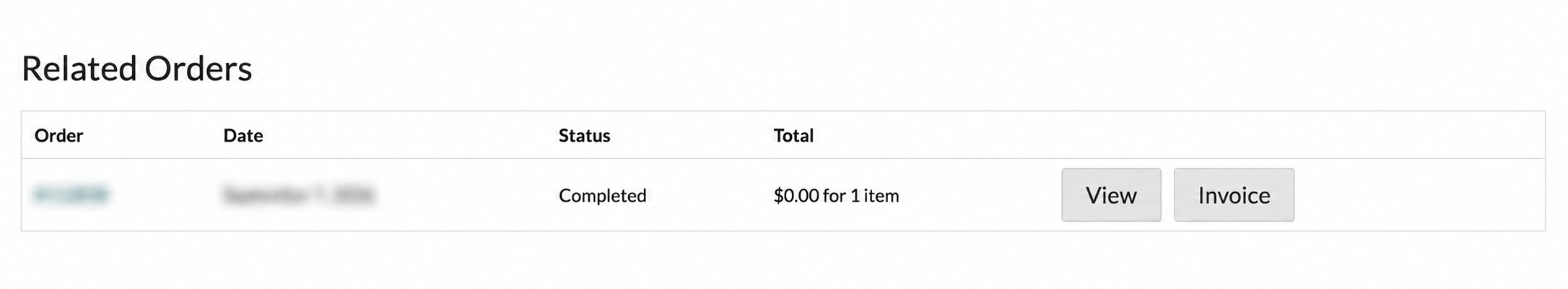 storeagent-invoice-related-orders-button – StoreAgent Related Orders table showing the View and Invoice buttons, with the order number and date blurred.
