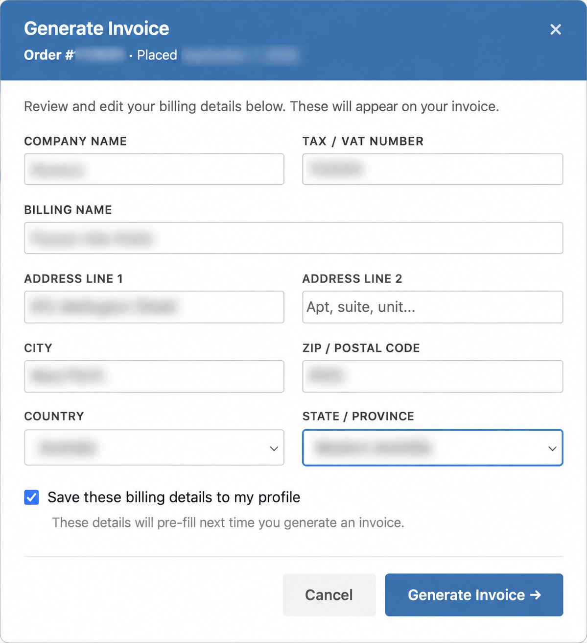 storeagent-invoice-tax-vat-number-form – StoreAgent Generate Invoice form showing the Tax / VAT Number field and optional profile-save checkbox, with personal details blurred.
