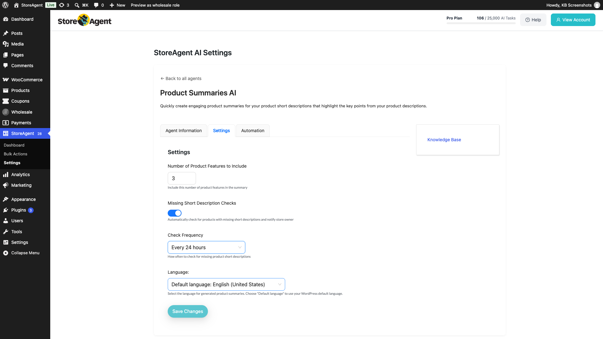 storeagent-product-summaries-ai-settings-tab – StoreAgent Product Summaries AI Settings tab showing Number of Product Features to Include, Missing Short Description Checks turned on, Check Frequency set to Every 24 hours, and the Language field