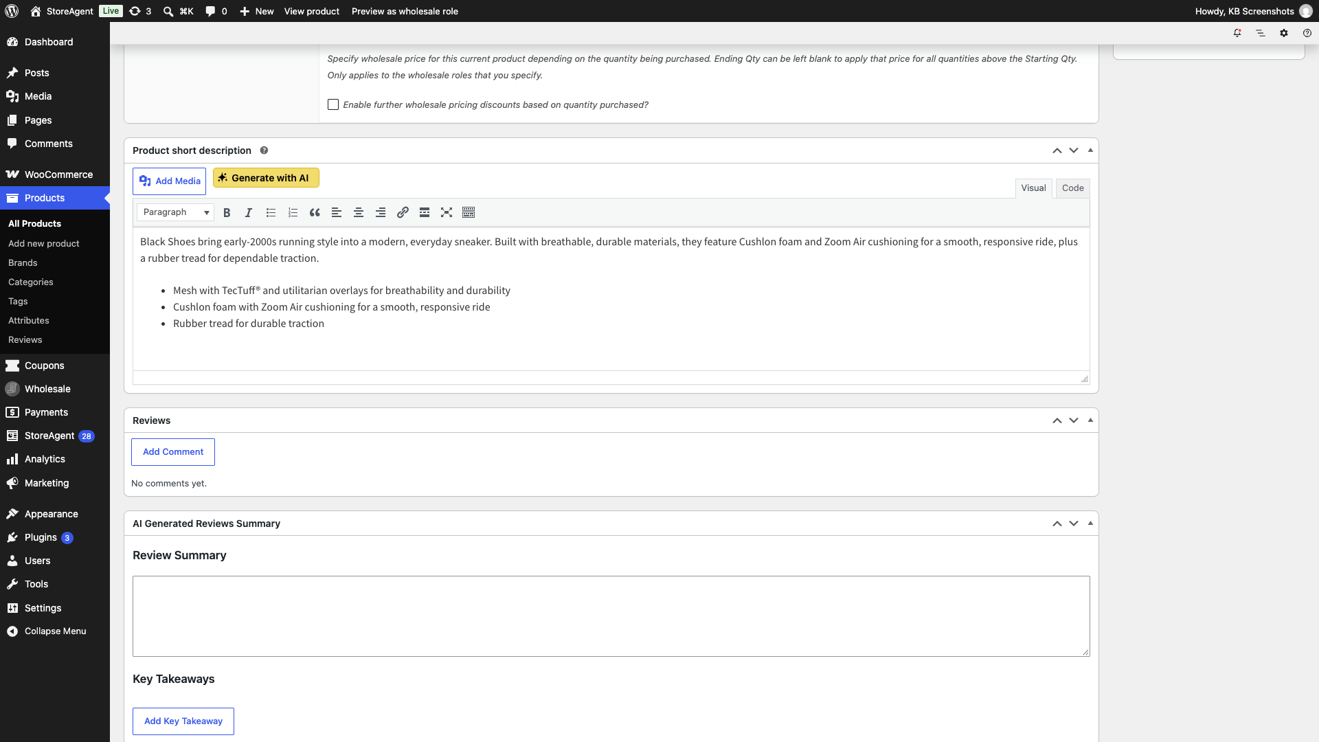 storeagent-product-summaries-generate-with-ai – StoreAgent Product edit screen, Product short description box with the Generate with AI button above the editor and a generated summary with a feature list