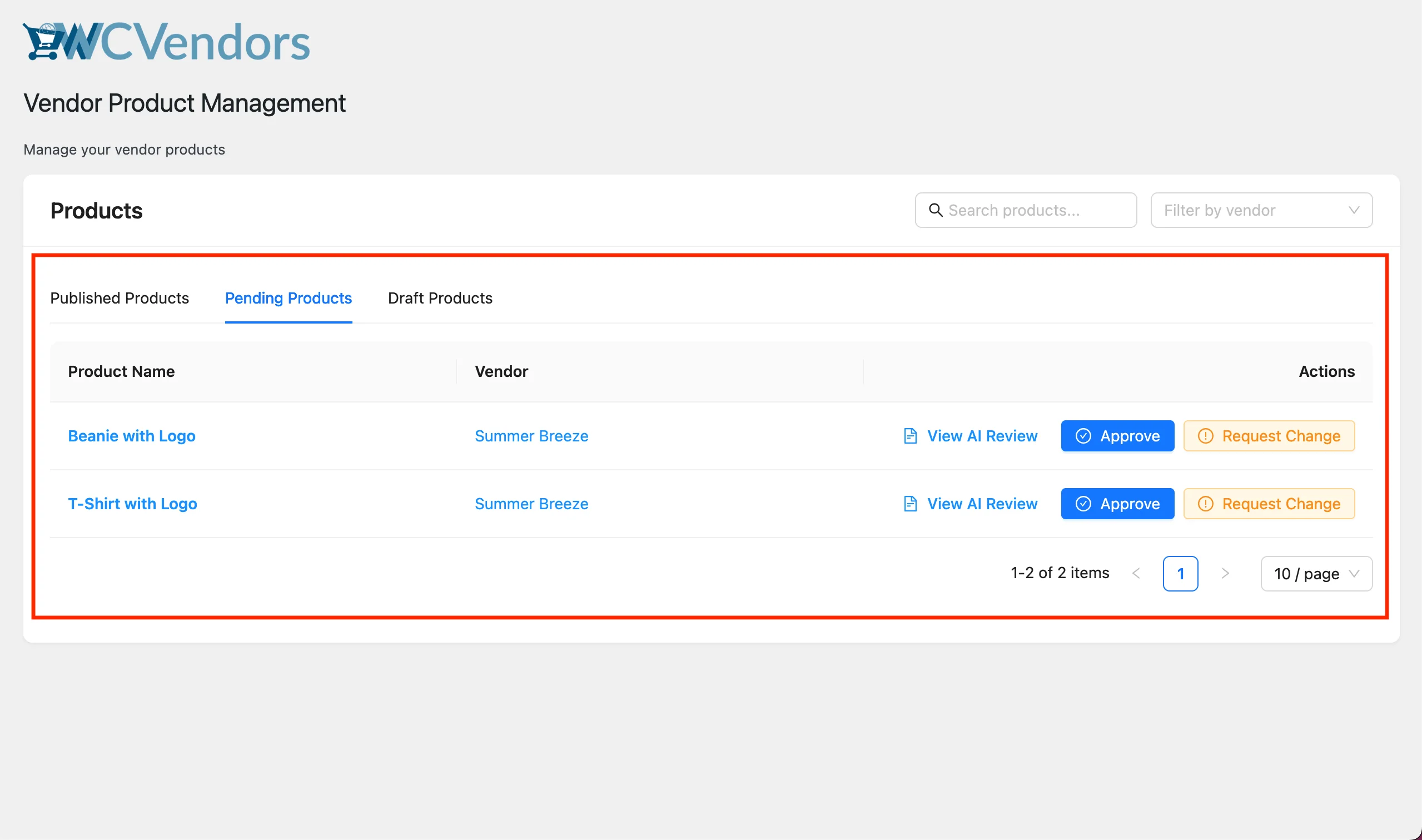 storeagent-wcv-pending-products-ai-review – StoreAgent WC Vendors Pending Products tab with a View AI Review button beside Approve and Request Change for each product