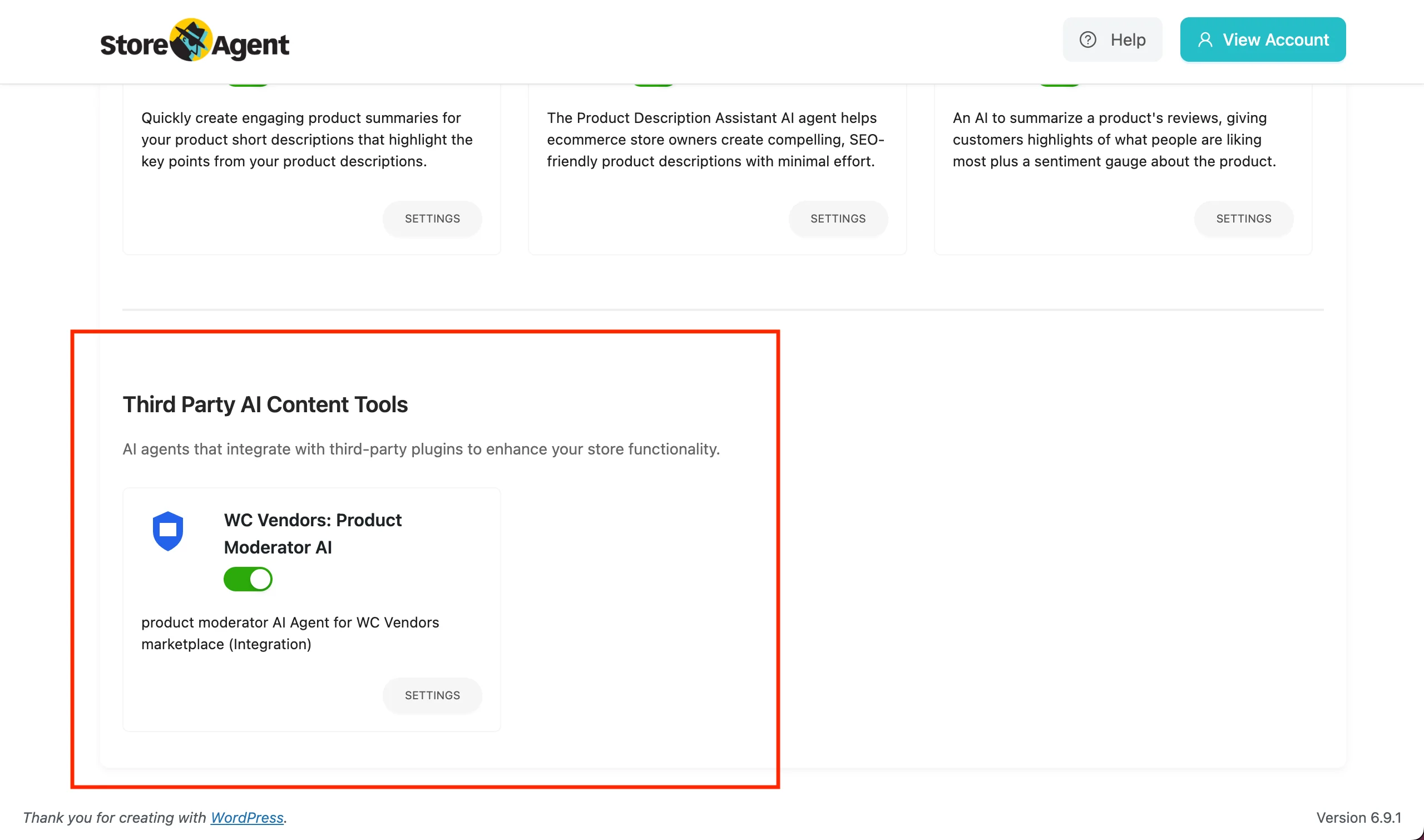 storeagent-wcv-product-moderator-ai-card – StoreAgent Third Party AI Content Tools section with the WC Vendors Product Moderator AI card and its toggle switched on