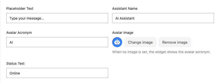 storeagent-ai-chat-avatar-image-upload – StoreAgent StoreAgent AI Chat General settings with an avatar image and the Change image and Remove image buttons