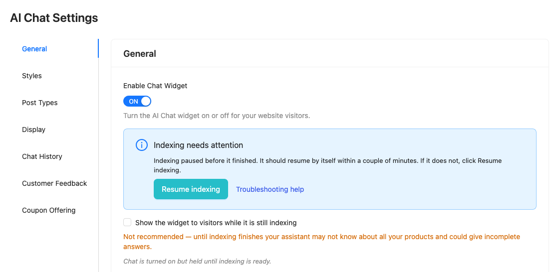 StoreAgent AI Chat General tab showing the Indexing needs attention notice with the Resume indexing button and the Troubleshooting help link