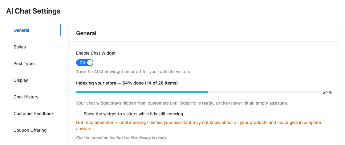 storeagent-ai-chat-indexing-progress – StoreAgent StoreAgent AI Chat General tab with Enable Chat Widget on, the indexing progress bar at 54 percent (14 of 26 items), the Show the widget to visitors while it is still indexing checkbox, and the note that chat is held until indexing is ready