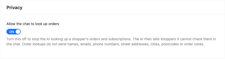 storeagent-ai-chat-privacy-order-lookup-switch – StoreAgent StoreAgent AI Chat Privacy section with the Allow the chat to look up orders switch turned on