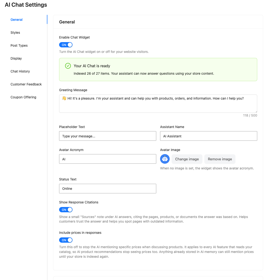 storeagent-ai-chat-settings-general-tab – StoreAgent StoreAgent AI Chat General sub-tab with Avatar Image, Show Response Citations and Include prices in responses