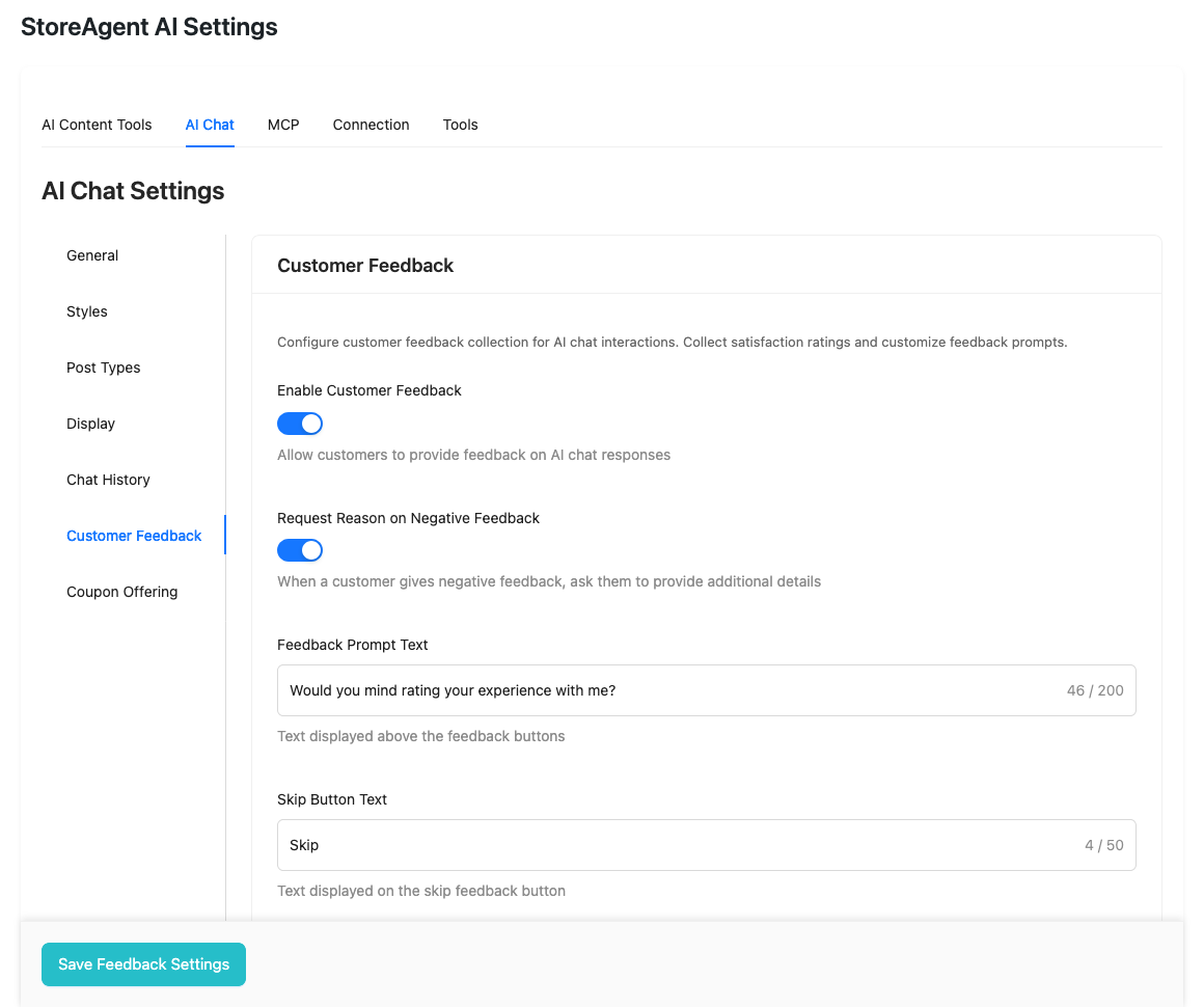 storeagent-chat-customer-feedback-settings – StoreAgent StoreAgent AI Settings, AI Chat tab, Customer Feedback sub-tab with Enable Customer Feedback and Request Reason on Negative Feedback switched on