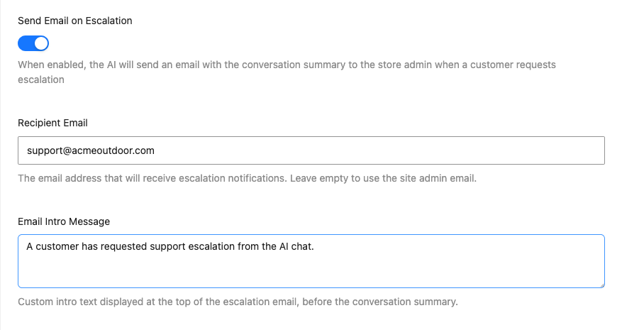 storeagent-chat-escalation-email-settings – StoreAgent Support Escalation settings with Send Email on Escalation switched on, a demo Recipient Email address and the default Email Intro Message
