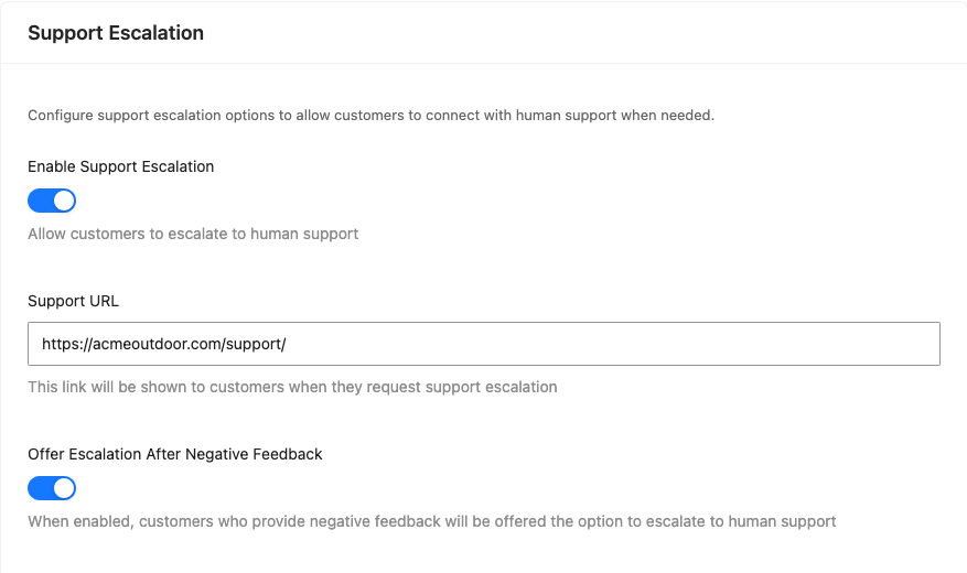 storeagent-chat-support-escalation-settings – StoreAgent Support Escalation section with Enable Support Escalation switched on, a demo Support URL and Offer Escalation After Negative Feedback switched on