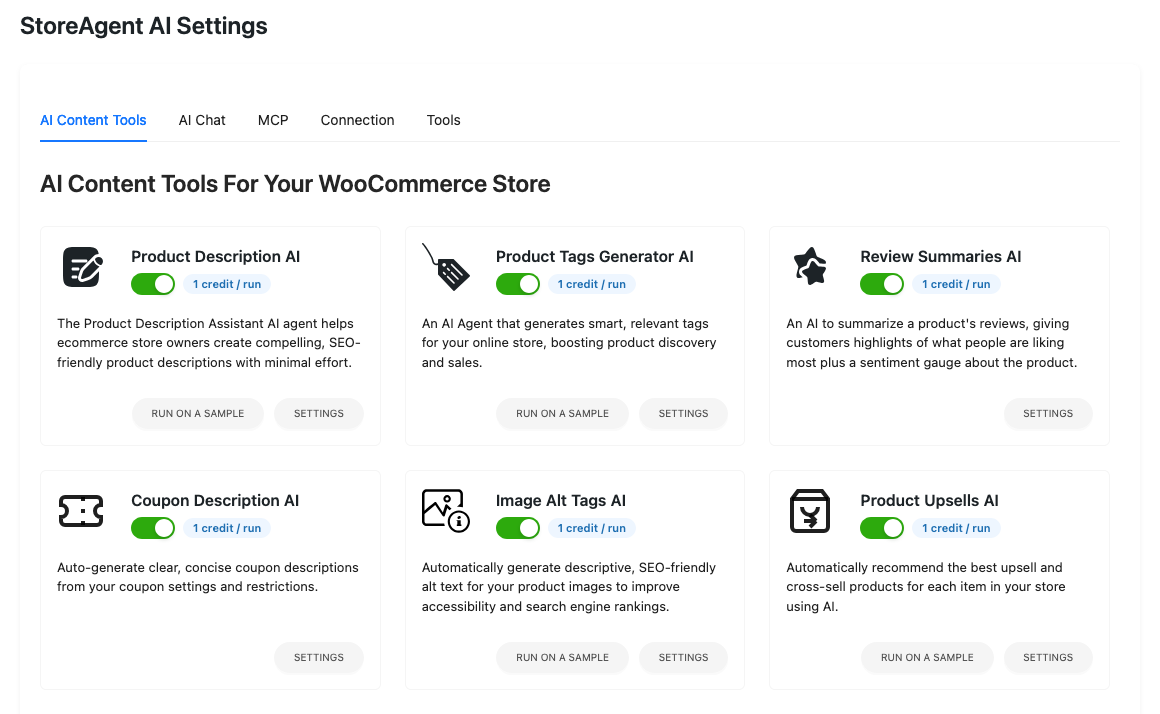 storeagent-image-alt-tags-ai-content-tools-card – StoreAgent StoreAgent AI Settings, AI Content Tools tab, with the Image Alt Tags AI card switched on