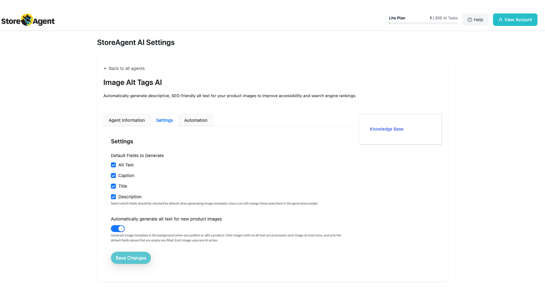 storeagent-image-alt-tags-auto-generate-setting – StoreAgent StoreAgent Image Alt Tags AI settings with the Automatically generate alt text for new product images switch turned on