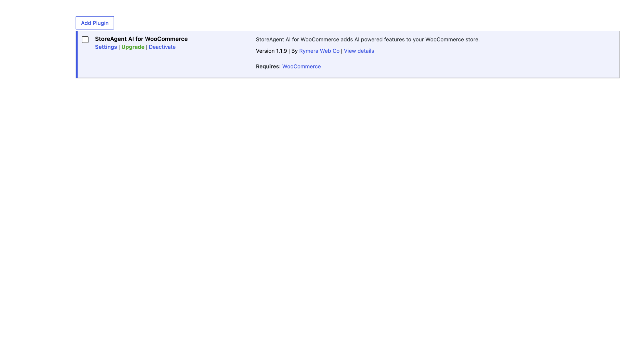 storeagent-plugins-upgrade-link – StoreAgent The WordPress Plugins screen with the StoreAgent AI row showing the Settings link, the green Upgrade link, and the Deactivate link.