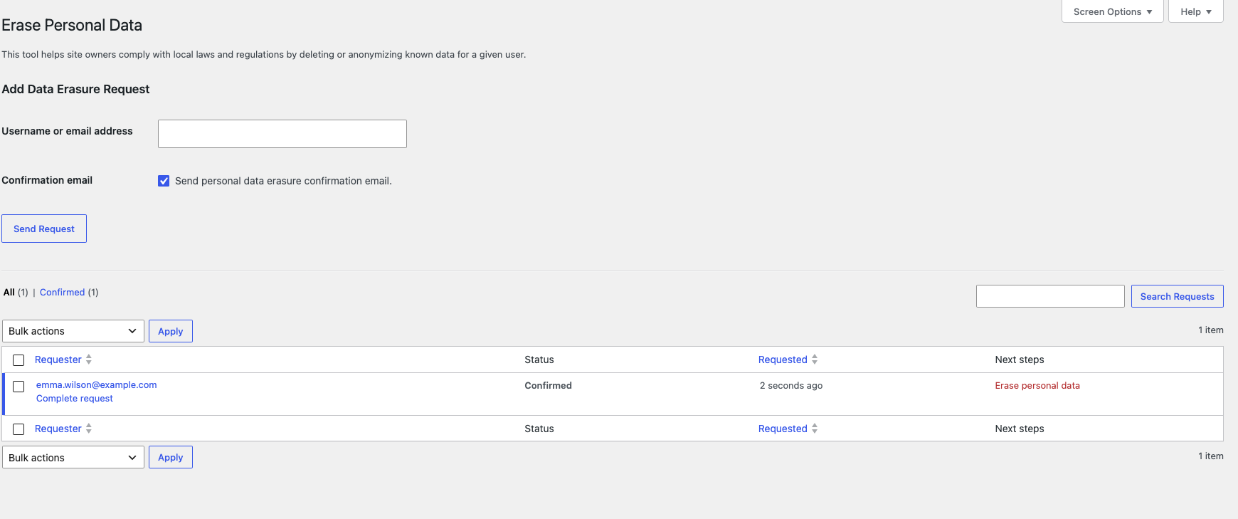 storeagent-privacy-erase-personal-data-request – StoreAgent WordPress Erase Personal Data screen with a confirmed request and the Erase personal data link