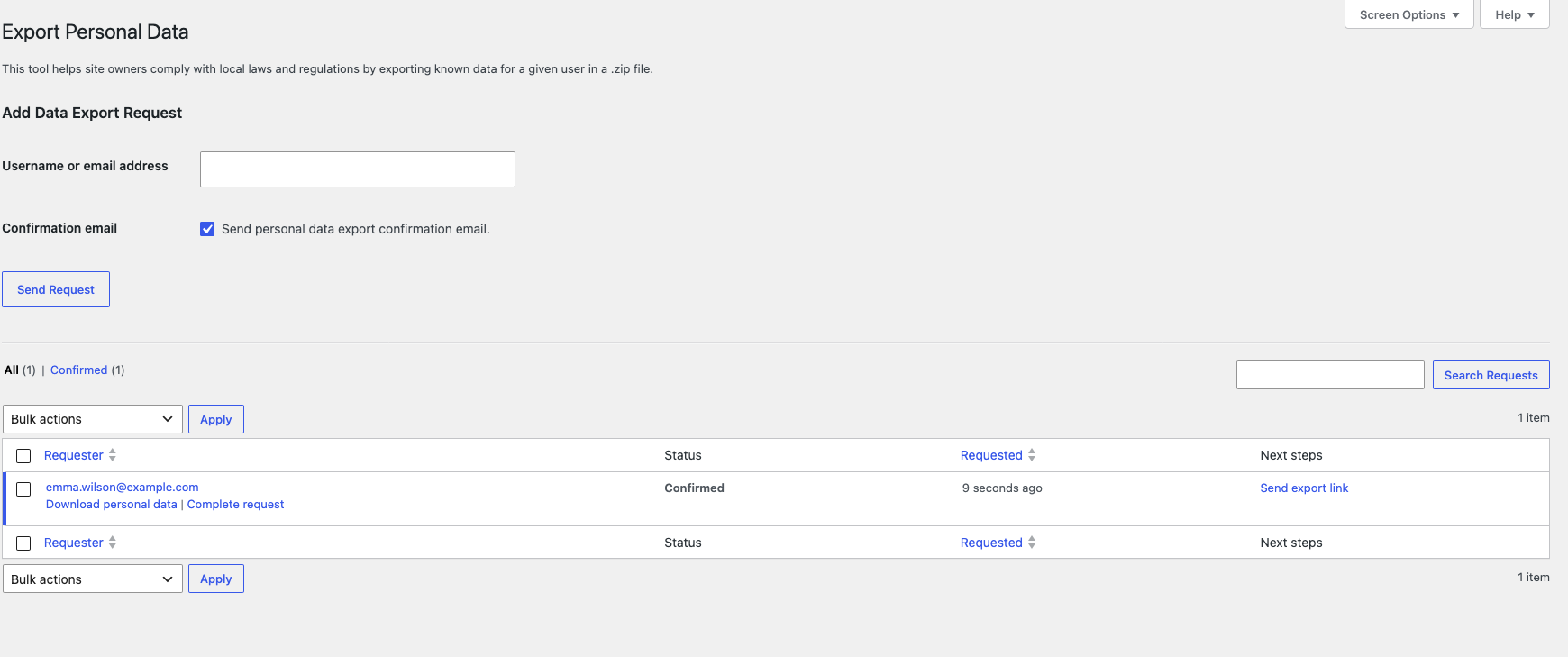 storeagent-privacy-export-personal-data-request – StoreAgent WordPress Export Personal Data screen with a confirmed request and the Download personal data link