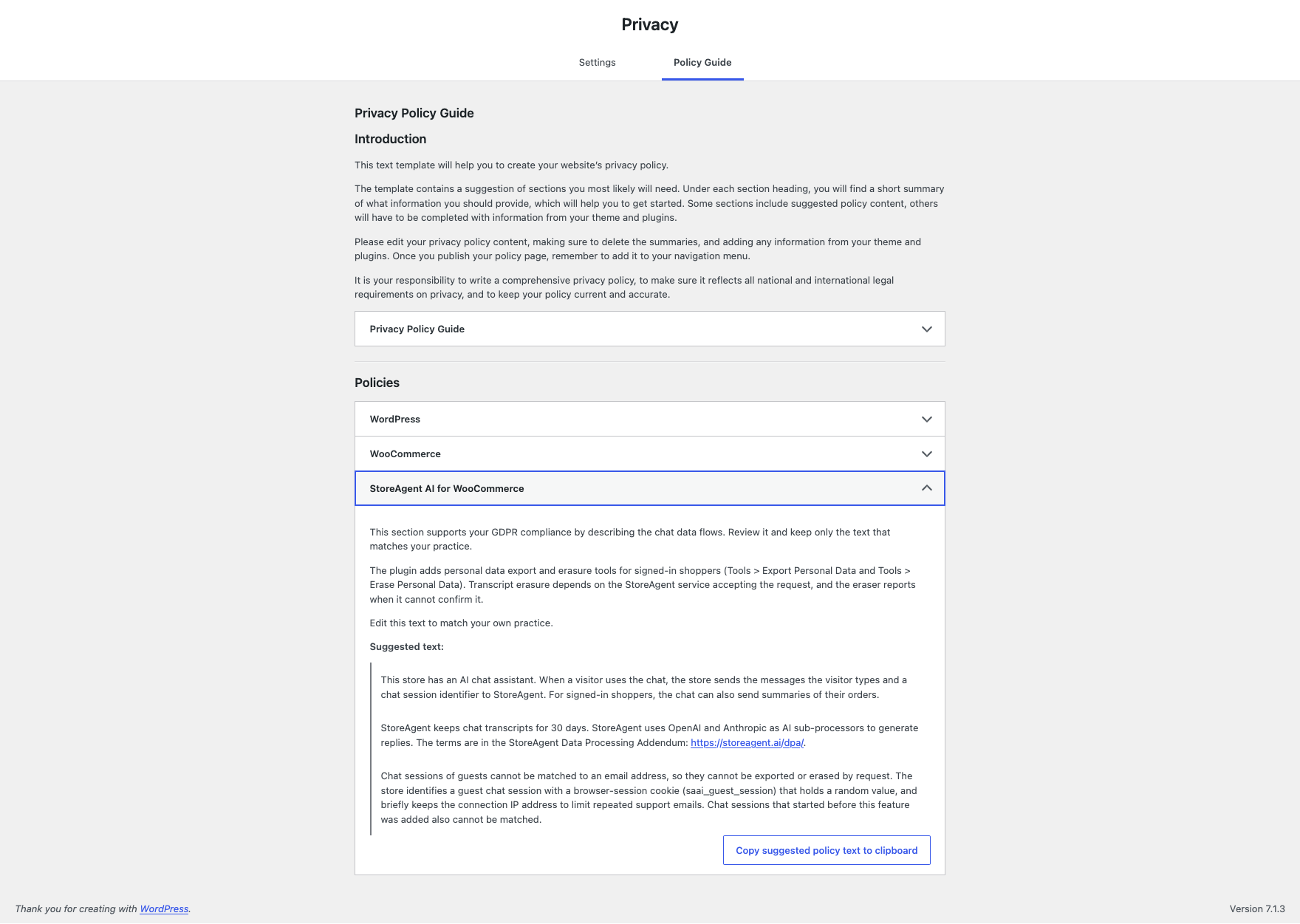 storeagent-privacy-policy-guide-chat-section – StoreAgent WordPress Privacy Policy Guide with the StoreAgent AI for WooCommerce section open and the suggested policy text