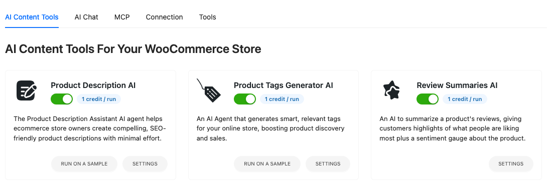 storeagent-product-tags-generator-ai-content-tools-card – StoreAgent AI Content Tools tab with the switch turned on for the Product Tags Generator AI card