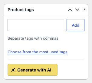 storeagent-product-tags-generator-ai-generate-with-ai-button – StoreAgent Product edit screen with the Generate with AI button in the Product tags box