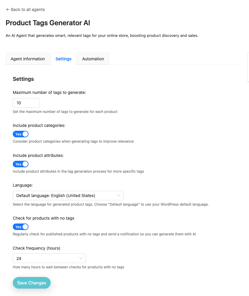 storeagent-product-tags-generator-ai-settings-tab – StoreAgent Product Tags Generator AI Settings tab showing all settings, including Check for products with no tags and Check frequency (hours)