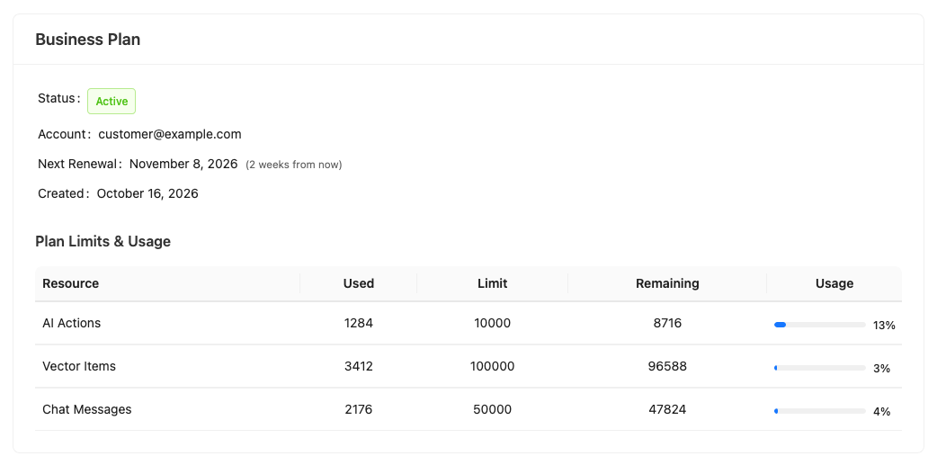 storeagent-usage-connection-tab-monthly-plan-card – StoreAgent Connection tab plan card for a monthly plan, showing Status, Account, Next Renewal, Created and the Plan Limits and Usage table