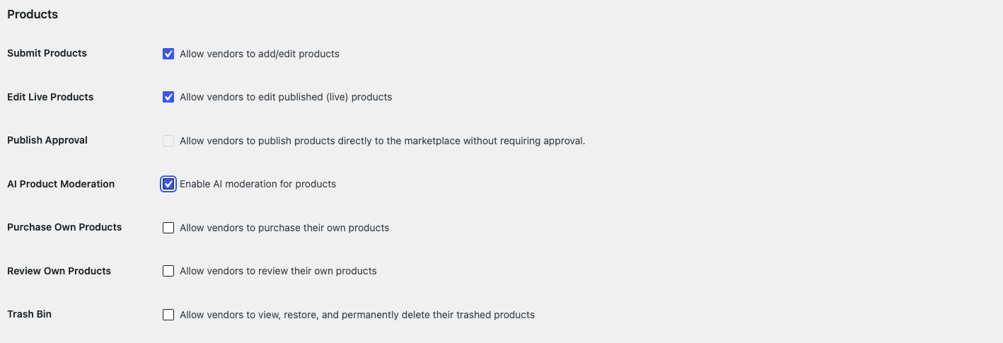 storeagent-wcv-capabilities-ai-product-moderation – StoreAgent WC Vendors Capabilities Products section with AI Product Moderation ticked and Publish Approval greyed out