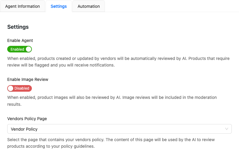 storeagent-wcv-moderator-agent-settings-tab – StoreAgent WC Vendors Product Moderator AI Settings tab with Enable Agent on, Enable Image Review off, and the Vendor Policy page selected in the Vendors Policy Page dropdown