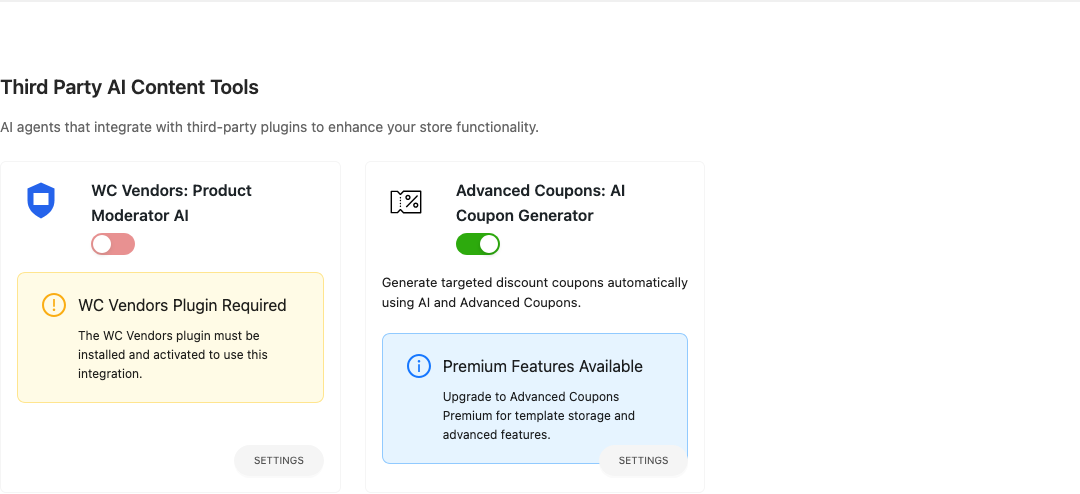storeagent-wcv-moderator-card-plugin-required – StoreAgent Third Party AI Content Tools section with the WC Vendors Product Moderator AI card showing the WC Vendors Plugin Required notice